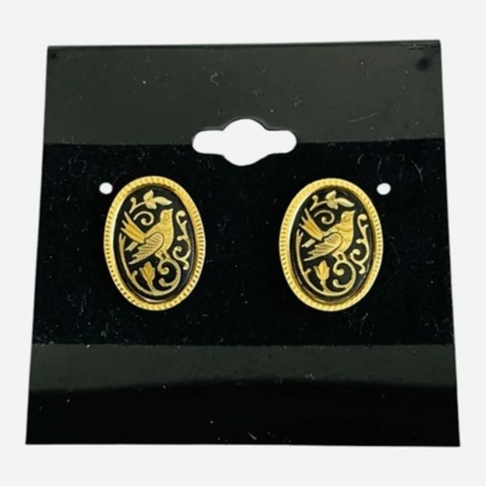 Vintage Damascene Toledo Spain Bird Floral Oval Stud Earrings Gold Inlay EXC